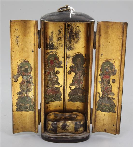 A Japanese lacquer Zushi (portable shrine), 19th century, total height 20.5cm, losses to figure